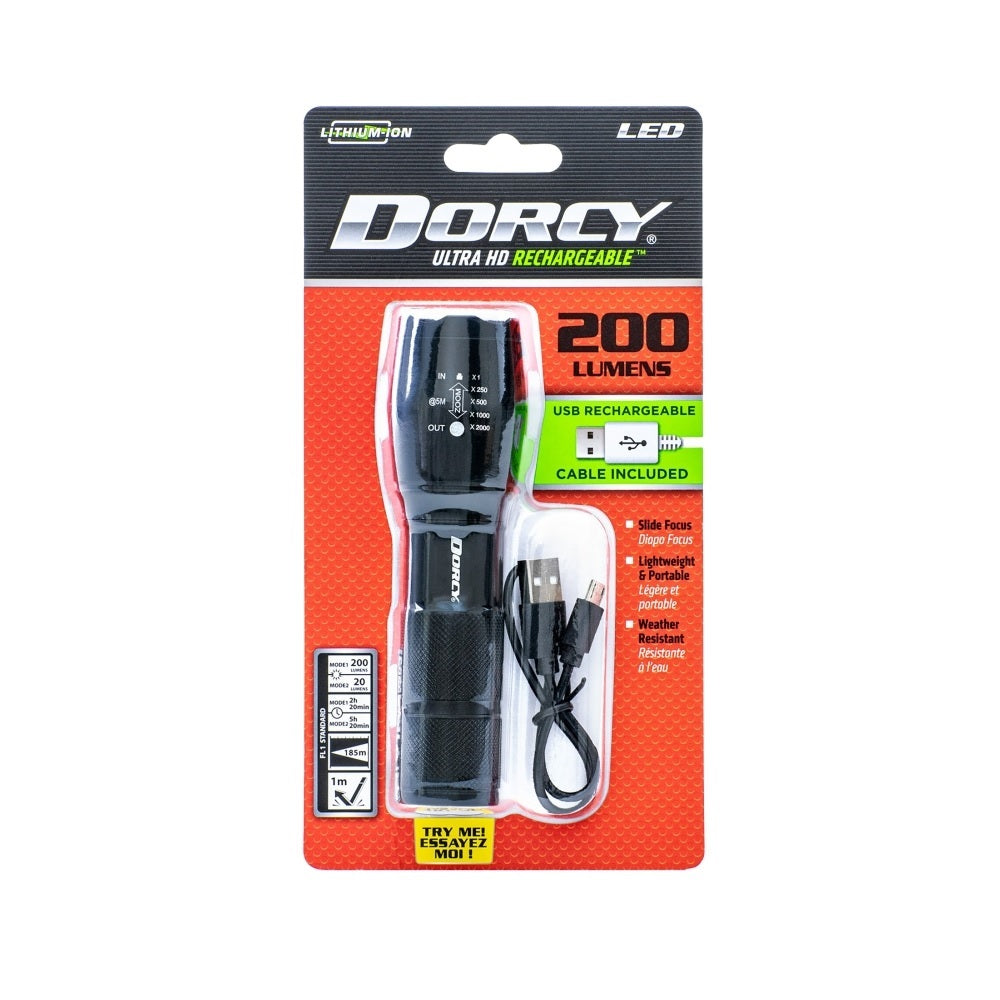 Dorcy 41-4379 Rechargeable Flashlight, Black, 200 Lumens