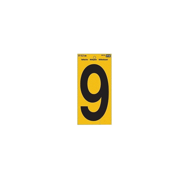 HY-KO RV-75/9 Reflective Self-Adhesive Number 9 Sign, Yellow/Black