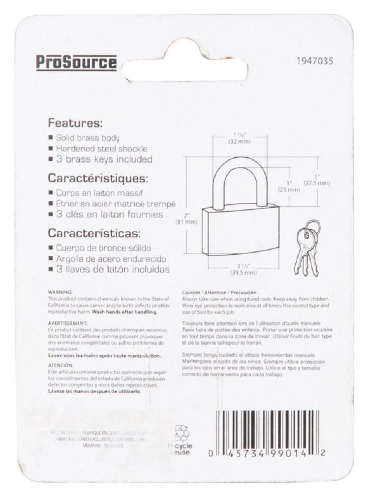 ProSource TGE-BP403L 1-1/2" Brass Padlock 3Key