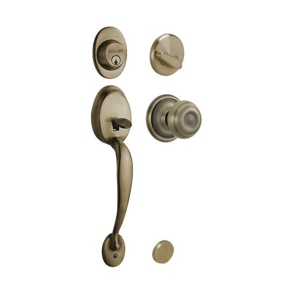 Schlage F60VPLY/GEO609 Polymouth Hadleset With Georgian Knob, Antique Brass