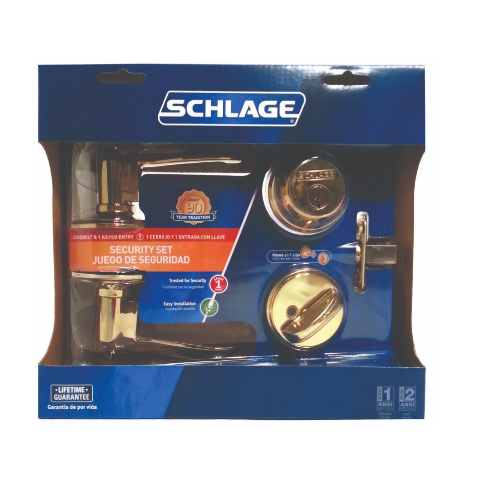 Schlage FB50NVFLA505 Single Cylinder Deadbolt & Lever Combo Pack, Bright Brass